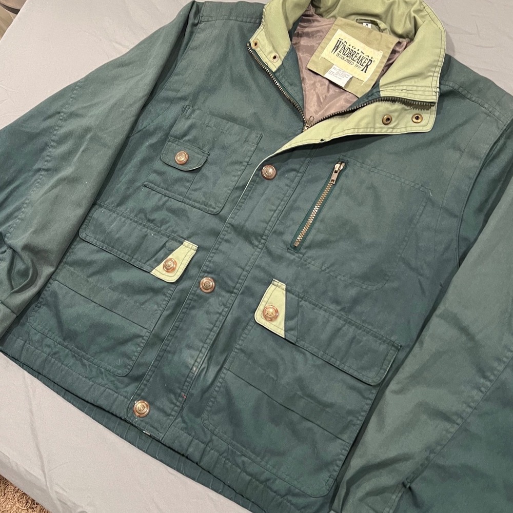 Windbreaker Mens Vintage Field Jacket Green Multi Pocket Utility Coat M